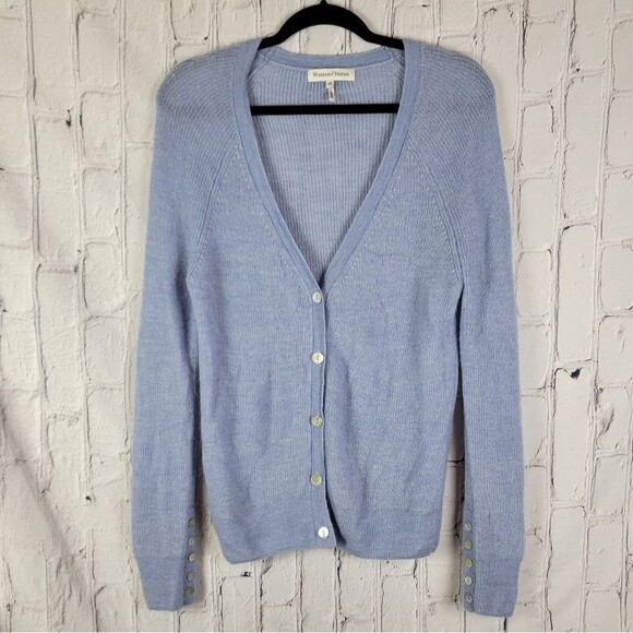 Revolve Weekend Stories Simone blue knit button front cardigan sweater top - Picture 3 of 8